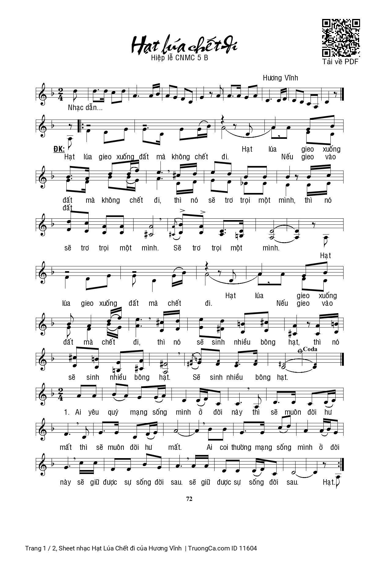 Sheet PDF of Hạt Lúa Chết đi