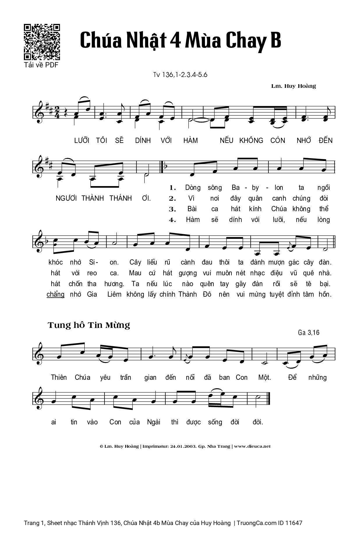Page 1 of Sheet music PDF Thánh Vịnh 136, Chúa Nhật 4b Mùa Chay - Huy Hoàng