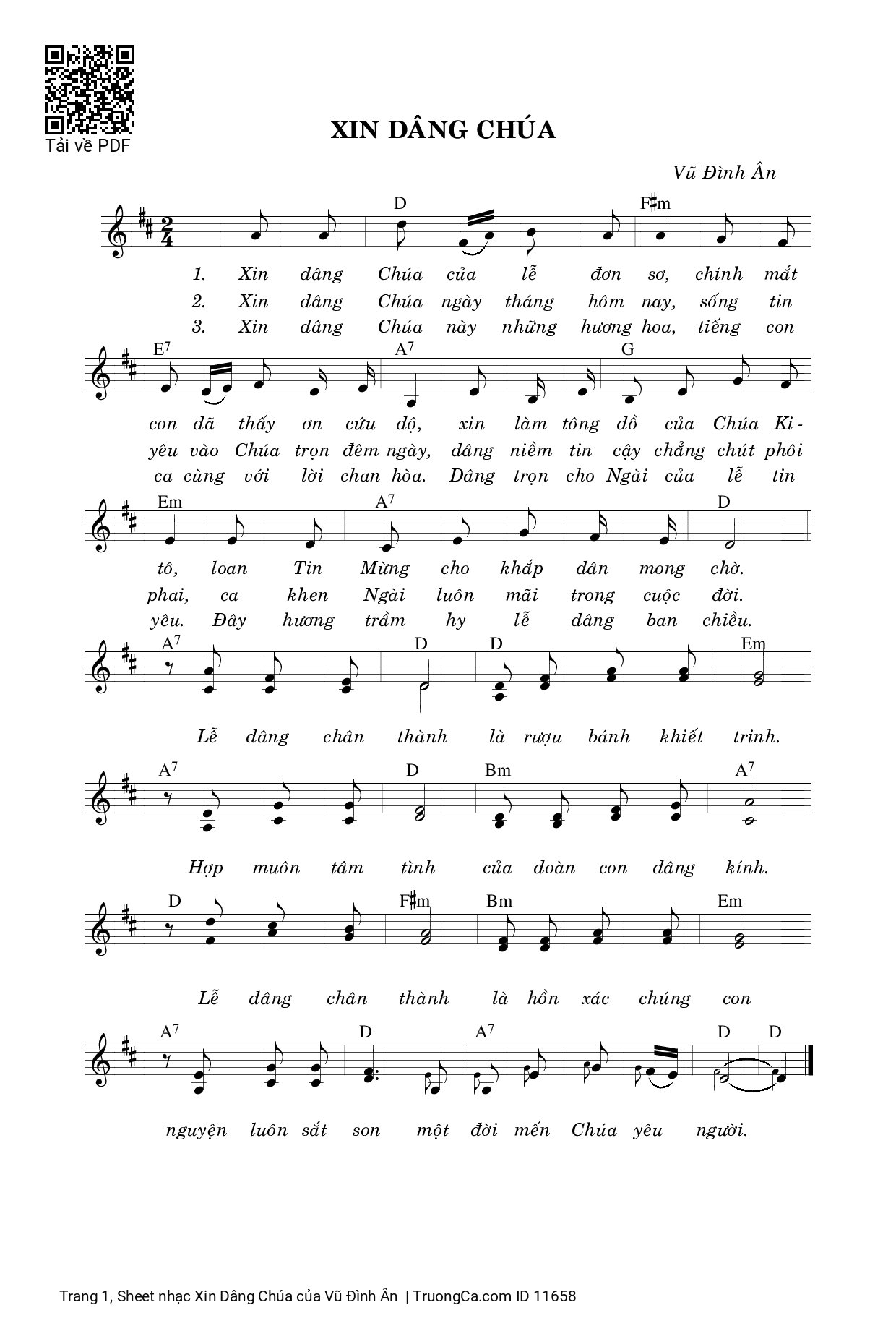 Page 1 of Sheet music PDF Xin Dâng Chúa - Vũ Đình Ân