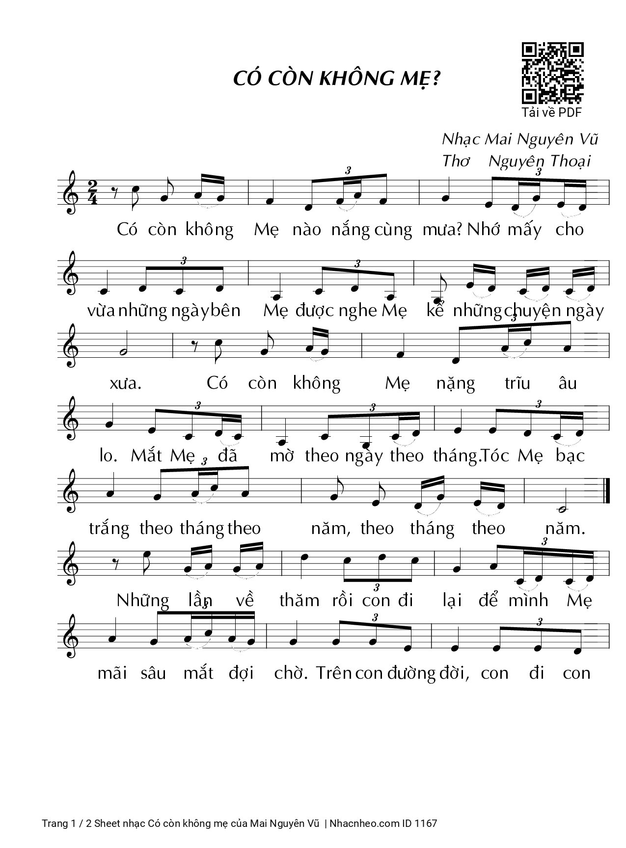 Sheet PDF of Có còn không mẹ