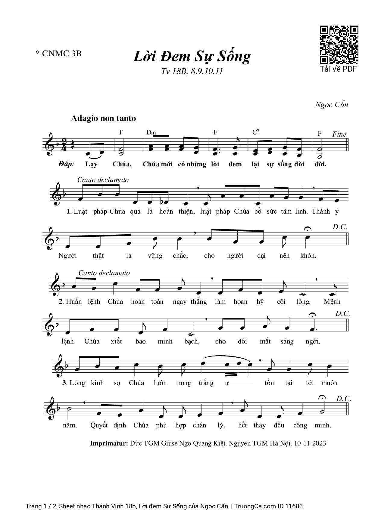 Page 1 of Sheet music PDF Thánh Vịnh 18b, Lời đem Sự Sống - Ngọc Cẩn