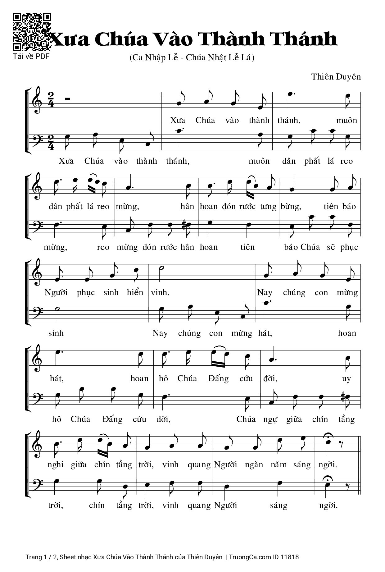 Sheet PDF of Xưa Chúa Vào Thành Thánh