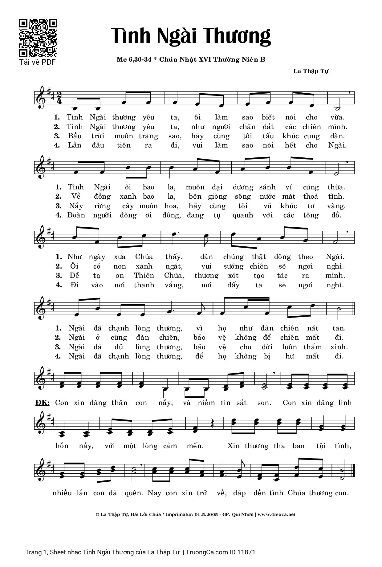 Page 1 of Sheet music PDF Tình Ngài Thương - La Thập Tự