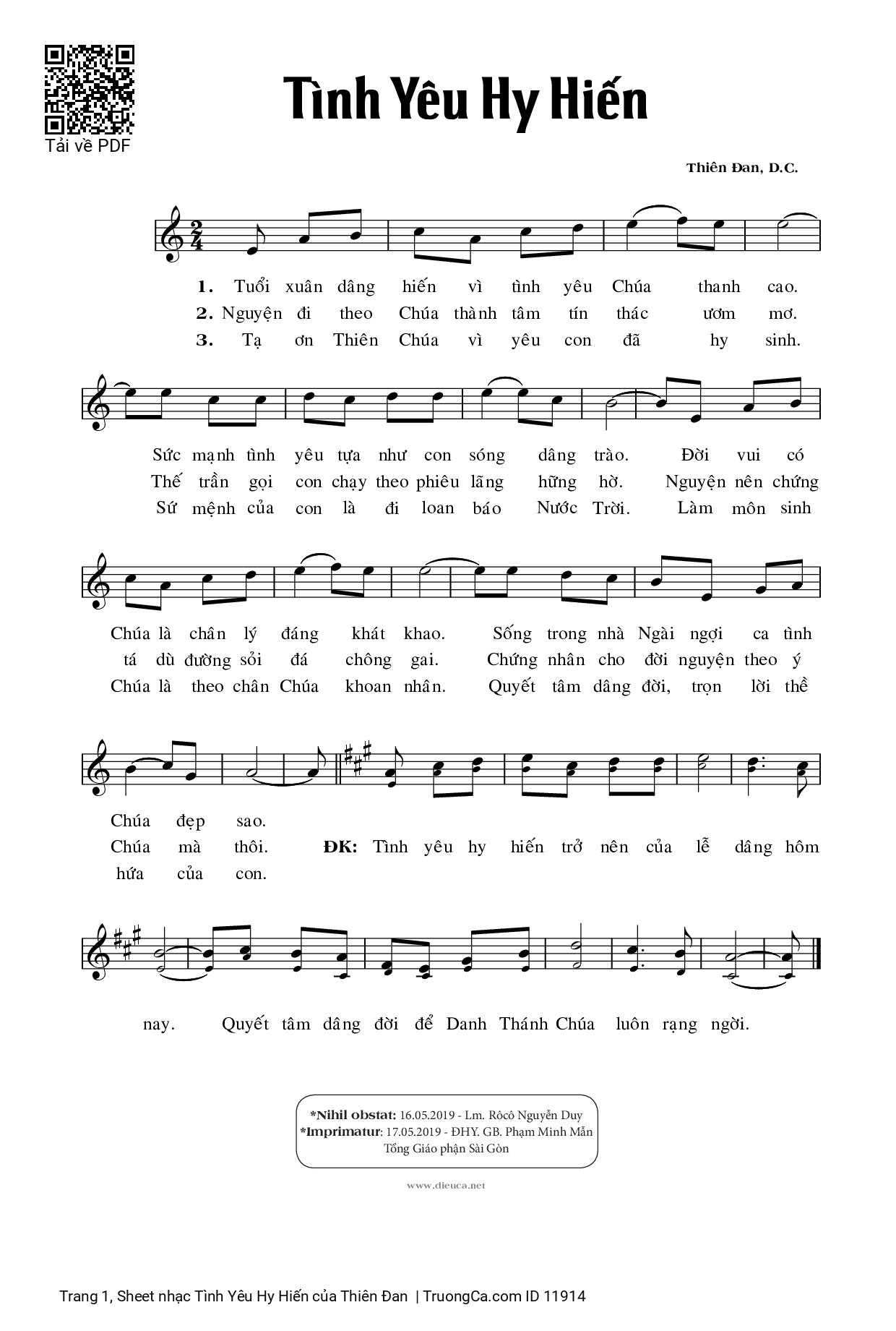 Page 1 of Sheet music PDF Tình Yêu Hy Hiến - Thiên Đan