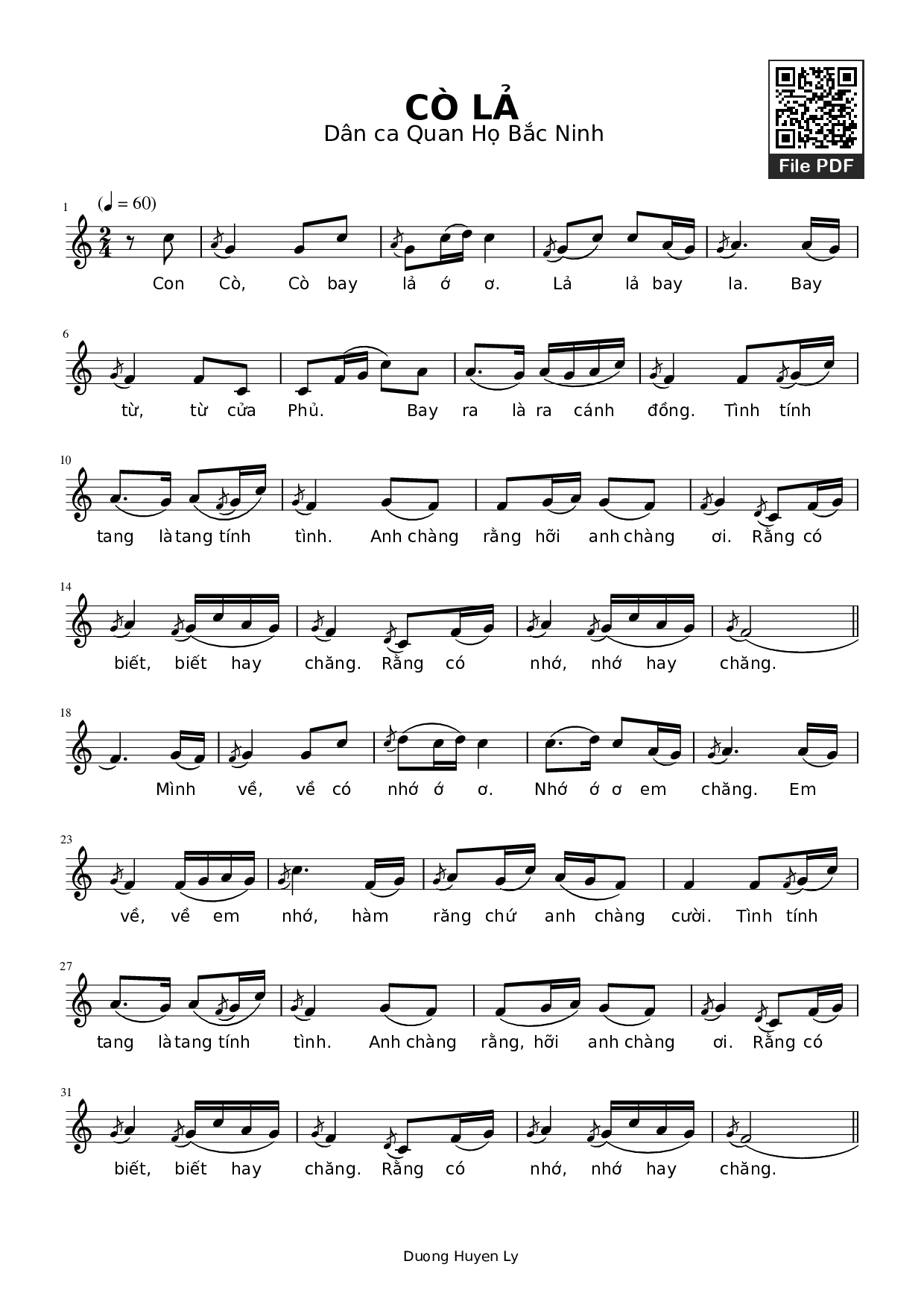 Page 1 of Sheet music PDF Cò lả - Dân ca Quan họ Bắc Ninh