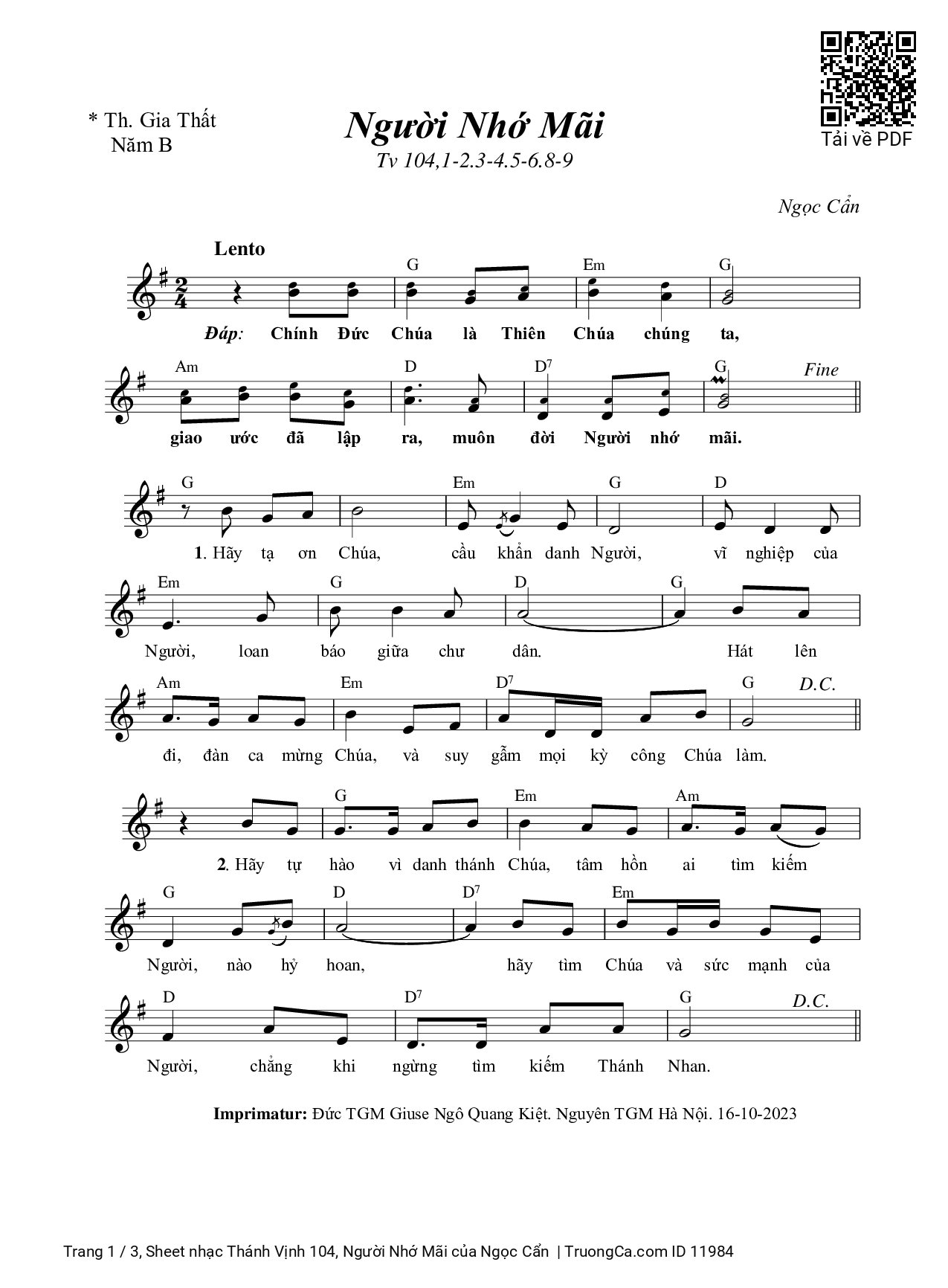 Sheet PDF of Thánh Vịnh 104, Người Nhớ Mãi