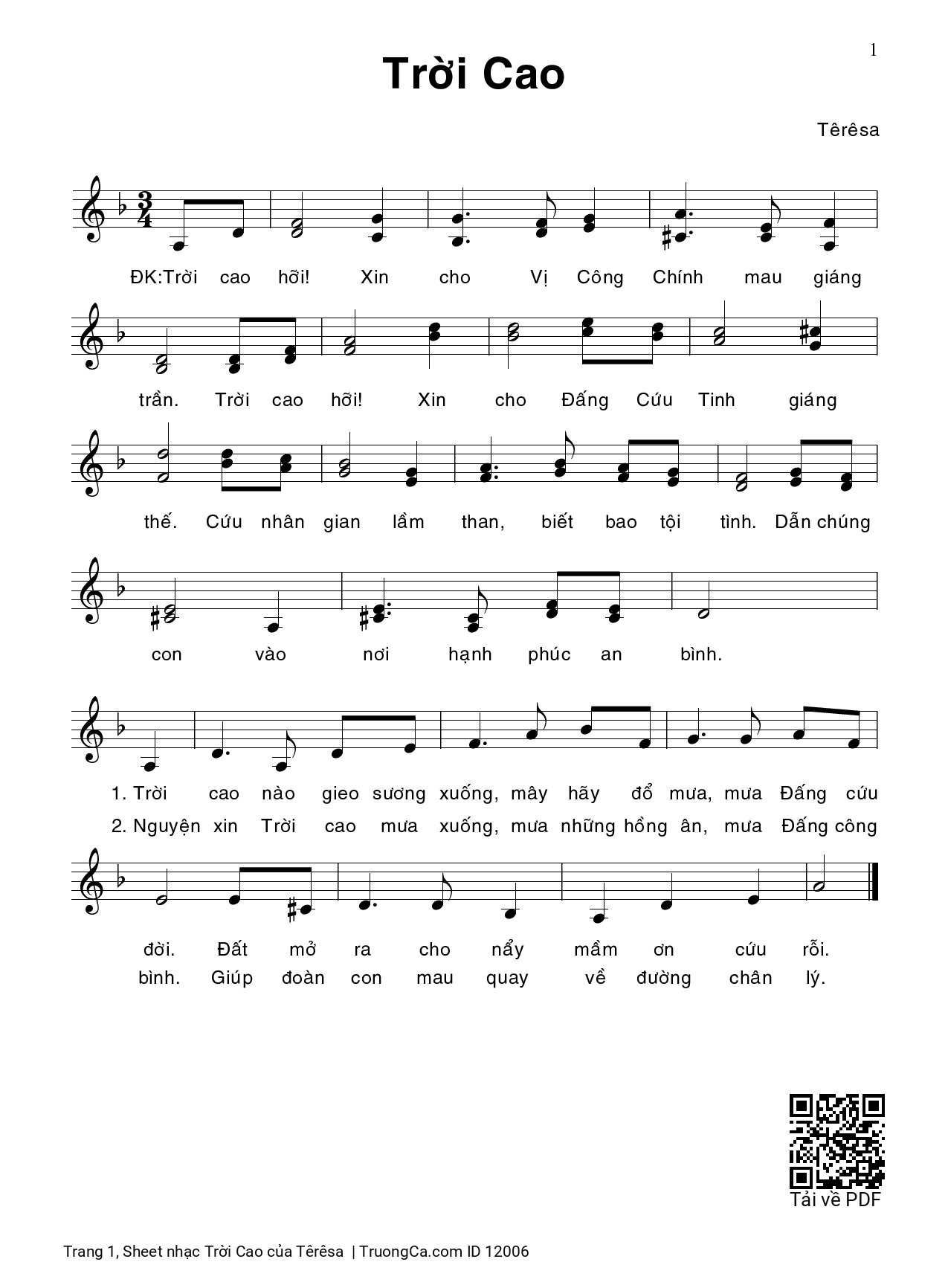 Page 1 of Sheet music PDF Trời Cao - Têrêsa
