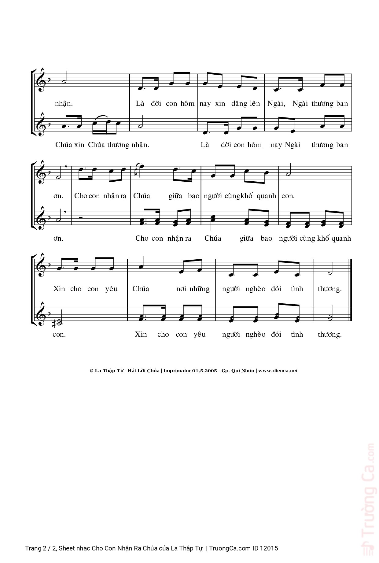 Page 2 of Sheet music PDF Cho Con Nhận Ra Chúa - La Thập Tự
