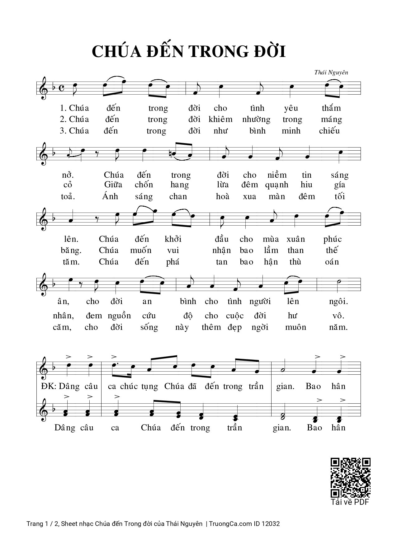 Sheet PDF of Chúa đến Trong đời