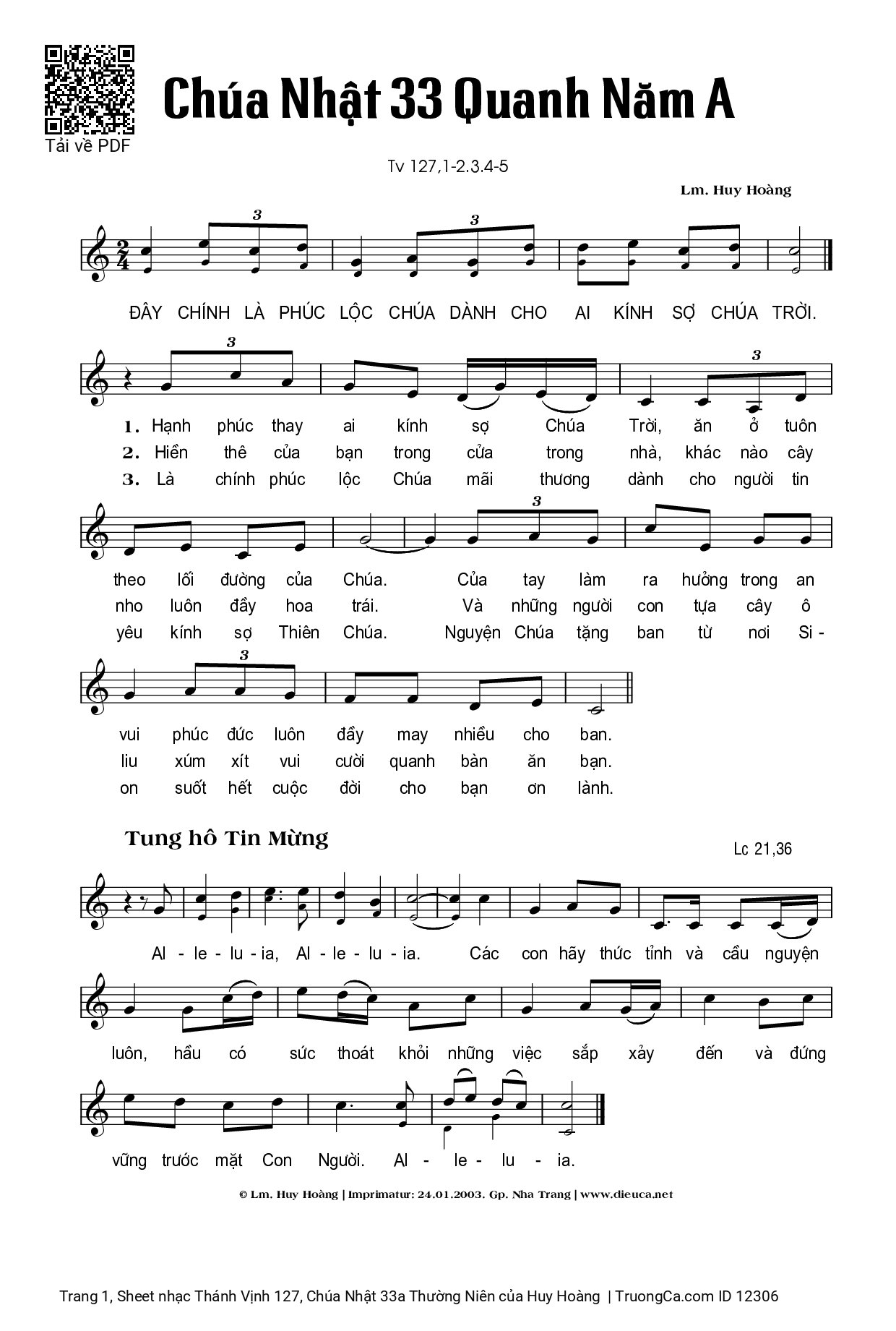 Sheet PDF of Thánh Vịnh 127, Chúa Nhật 33a Thường Niên