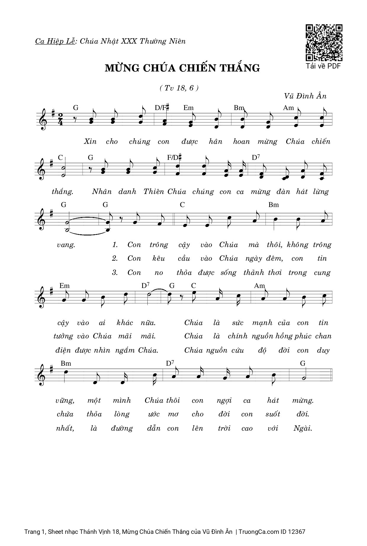 Page 1 of Sheet music PDF Thánh Vịnh 18, Mừng Chúa Chiến Thắng - Vũ Đình Ân