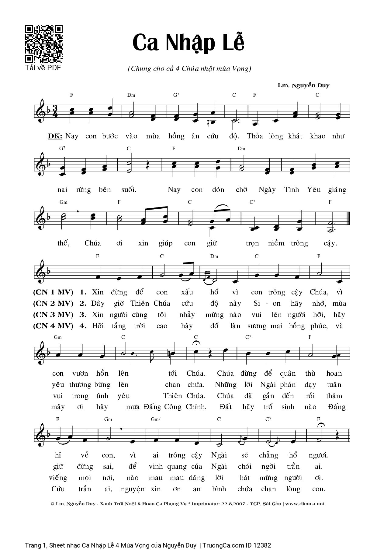 Page 1 of Sheet music PDF Ca Nhập Lễ 4 Mùa Vọng - Nguyễn Duy