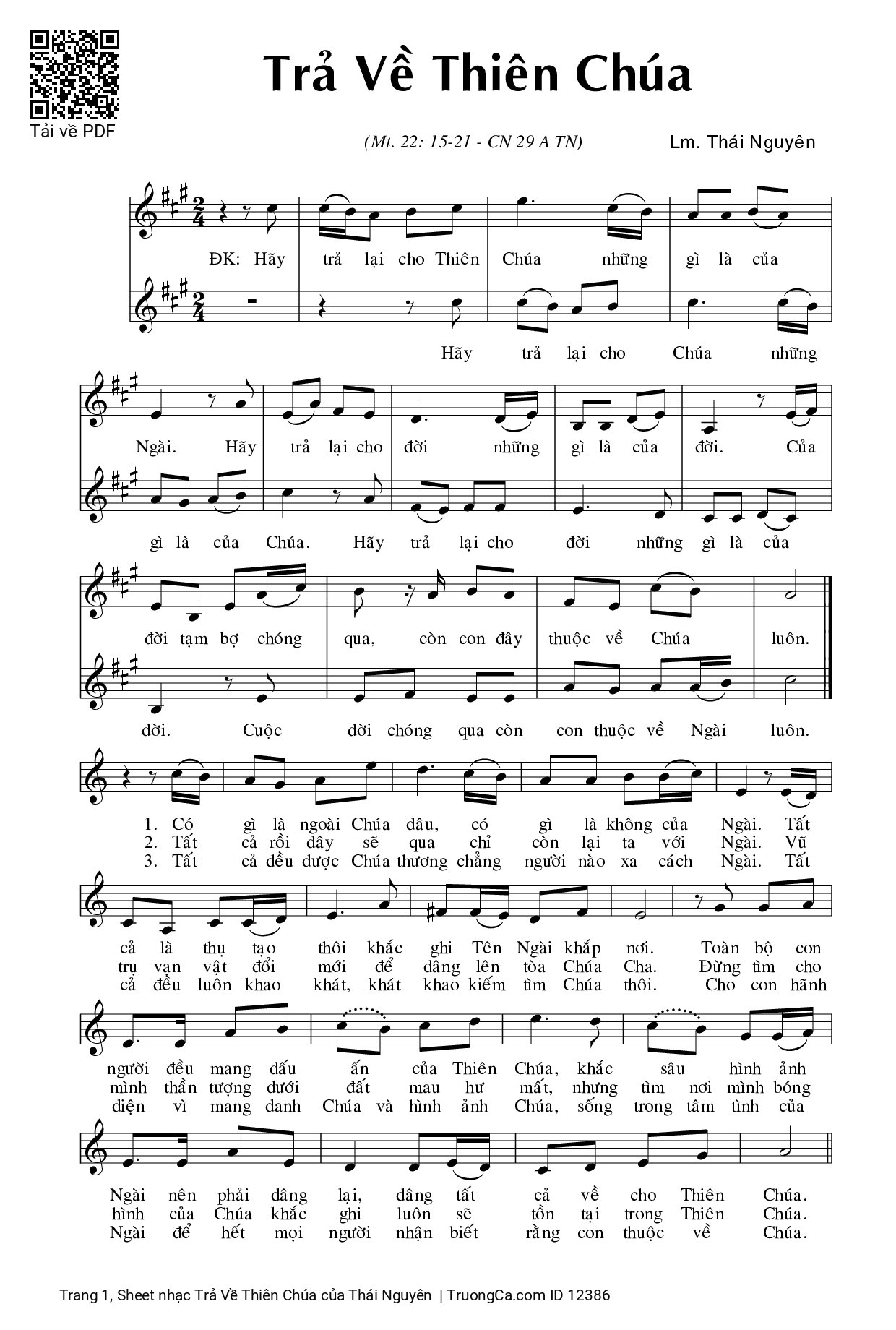 Sheet PDF of Trả Về Thiên Chúa