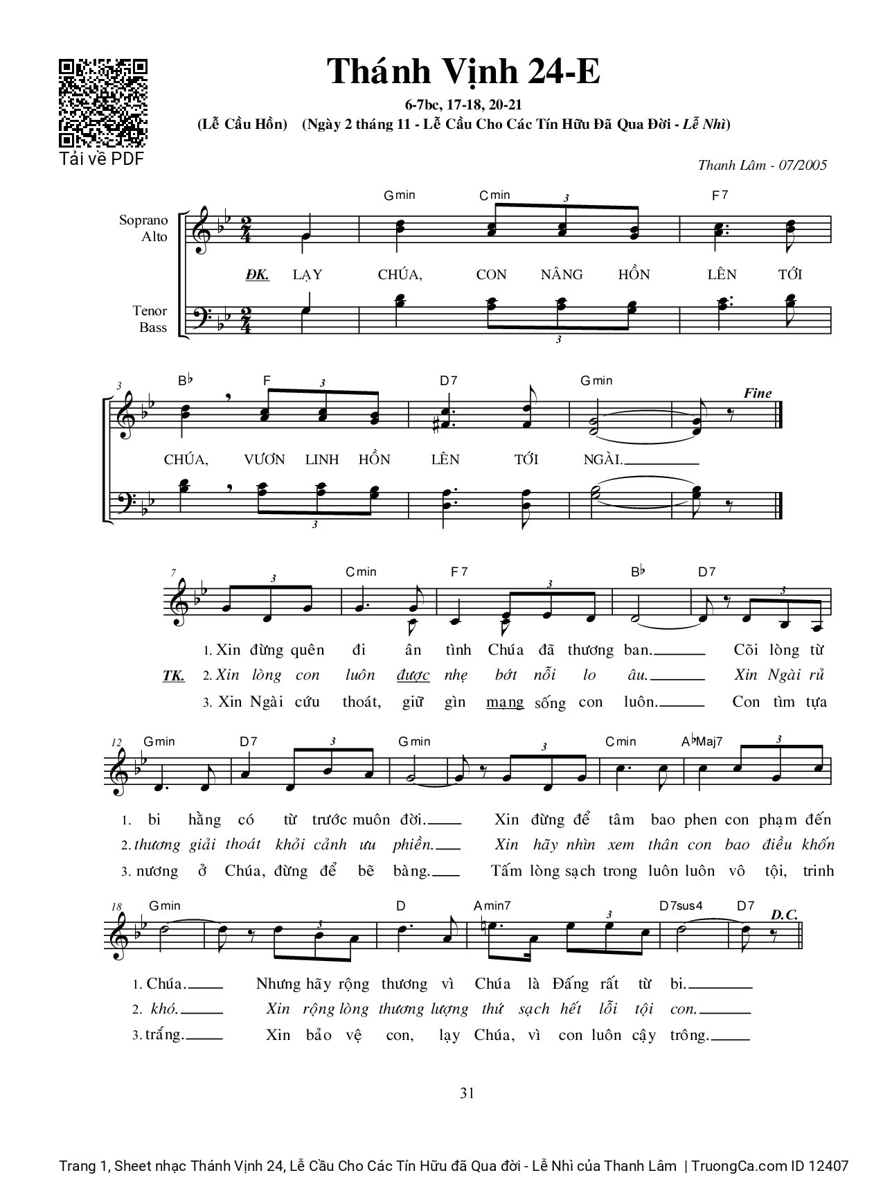 Sheet PDF of Thánh Vịnh 24, Lễ Cầu Cho Các Tín Hữu đã Qua đời - Lễ Nhì