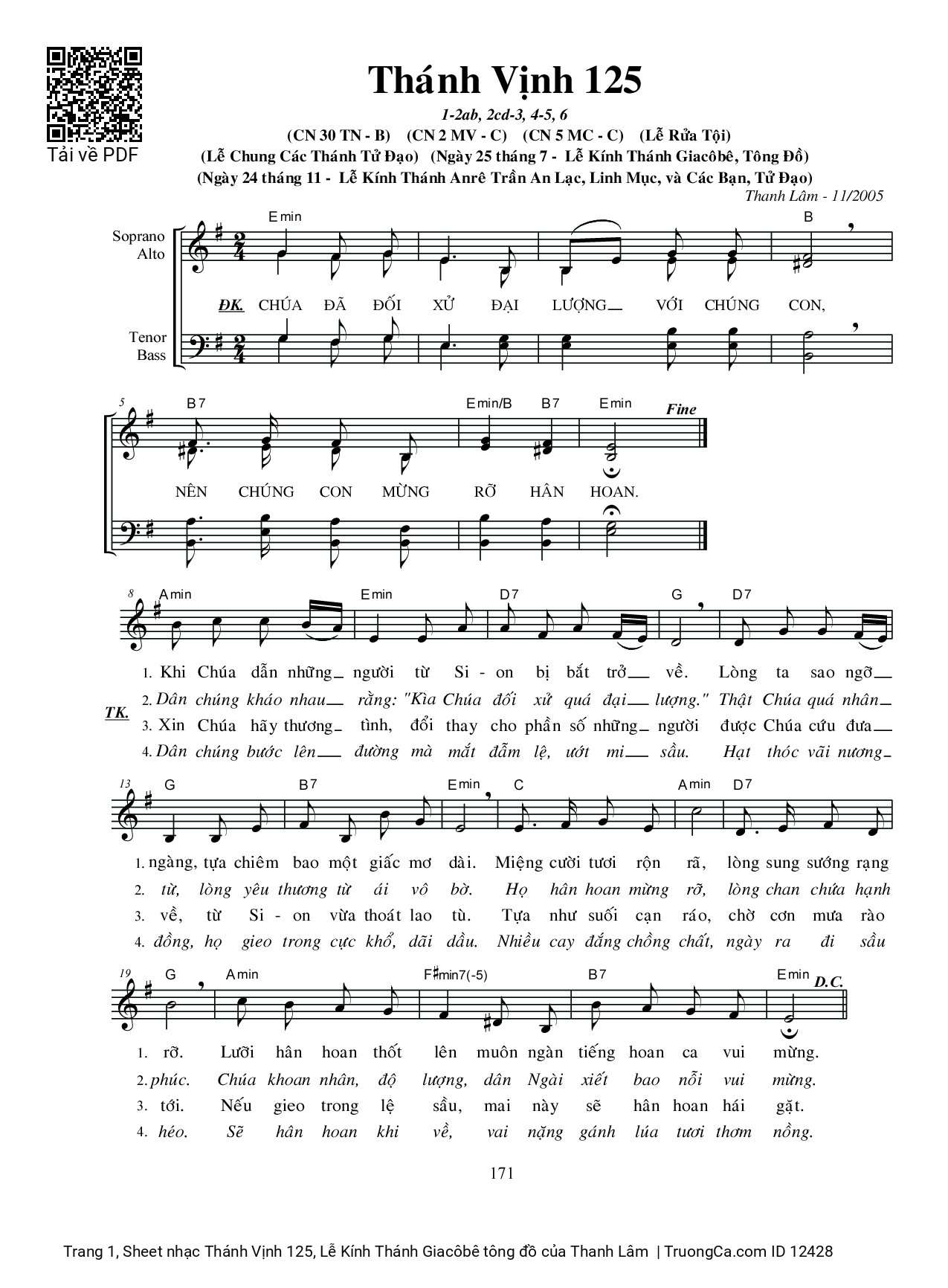 Page 1 of Sheet music PDF Thánh Vịnh 125, Lễ Kính Thánh Giacôbê tông đồ - Thanh Lâm