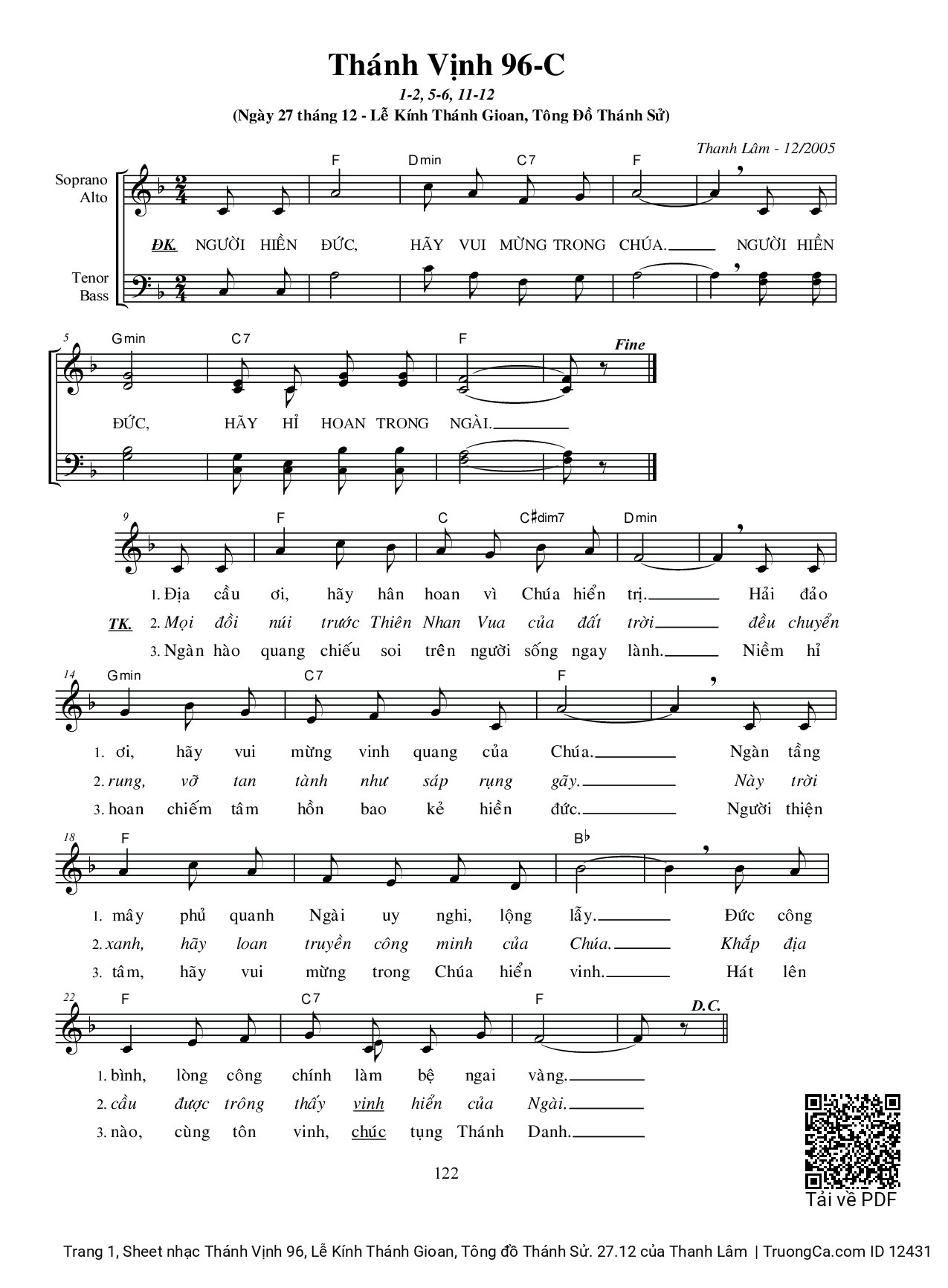 Sheet PDF of Thánh Vịnh 96, Lễ Kính Thánh Gioan, Tông đồ Thánh Sử. 27.12