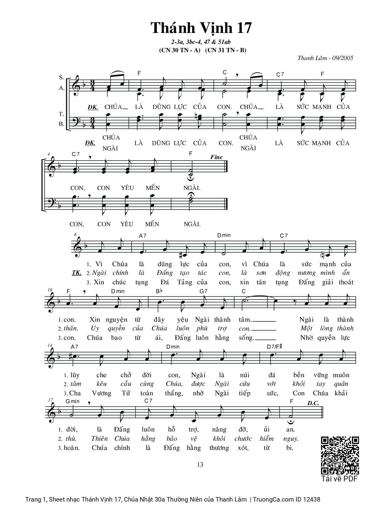 Page 1 of Sheet music PDF Thánh Vịnh 17, Chúa Nhật 30a Thường Niên - Thanh Lâm