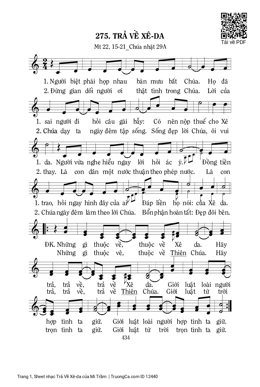 Page 1 of Sheet music PDF Trả Về Xê-da - Mi Trầm