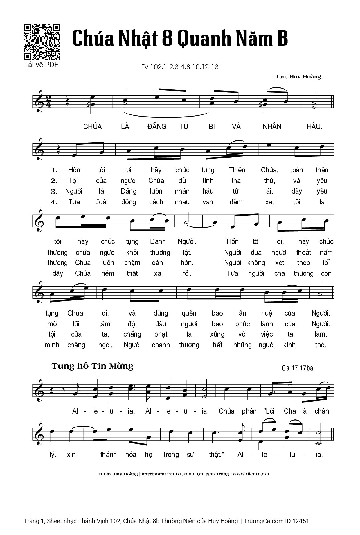 Sheet PDF of Thánh Vịnh 102, Chúa Nhật 8b Thường Niên