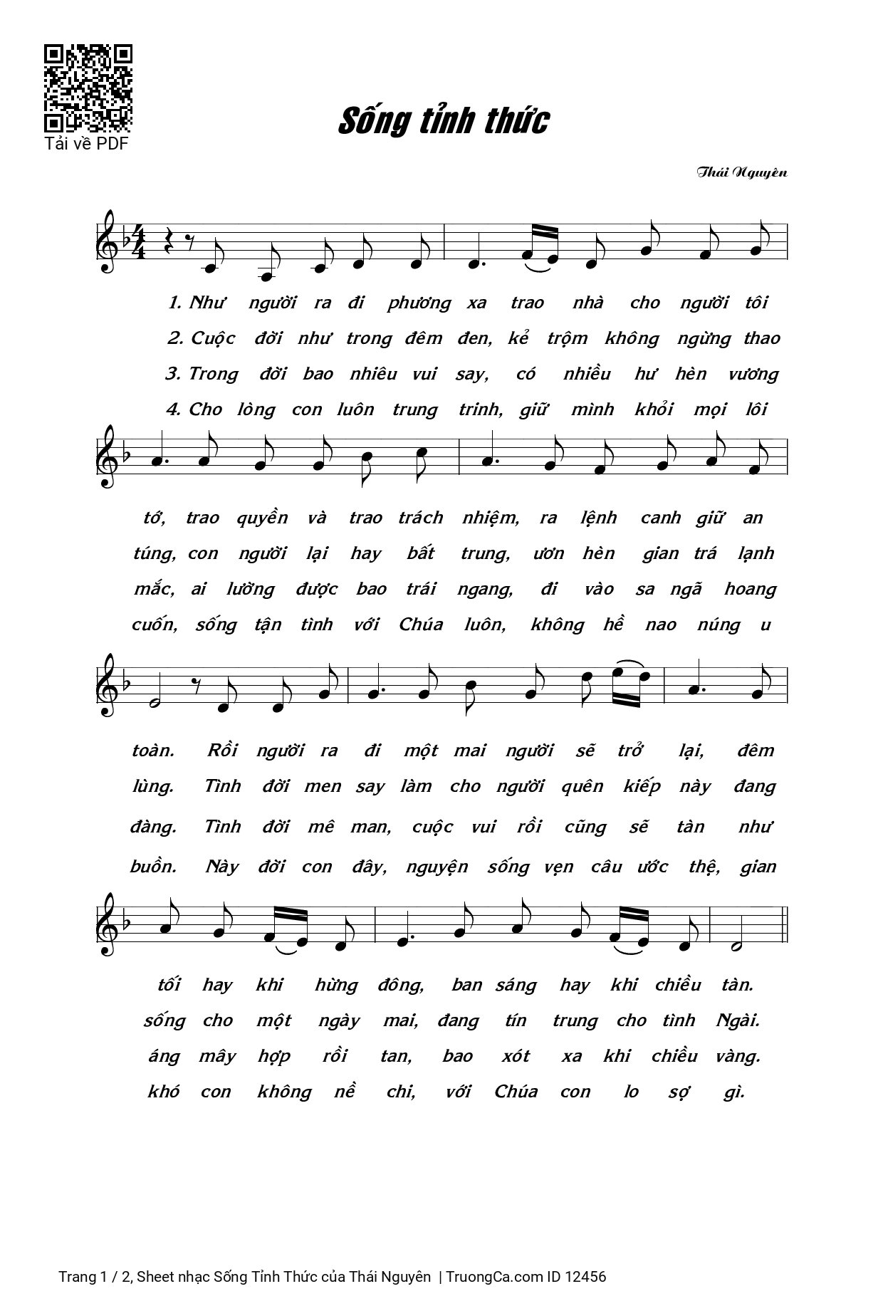Page 1 of Sheet music PDF Sống Tỉnh Thức - Thái Nguyên