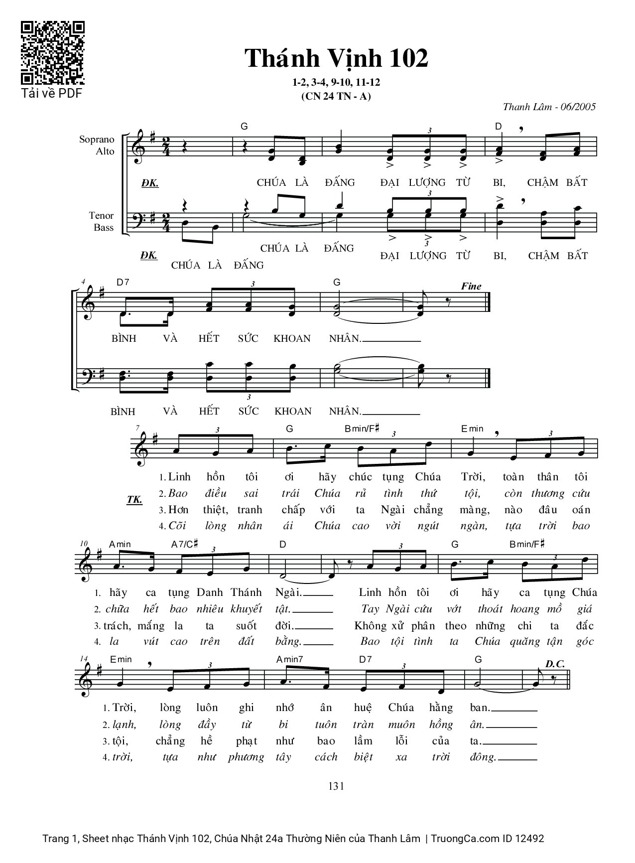 Page 1 of Sheet music PDF Thánh Vịnh 102, Chúa Nhật 24a Thường Niên - Thanh Lâm