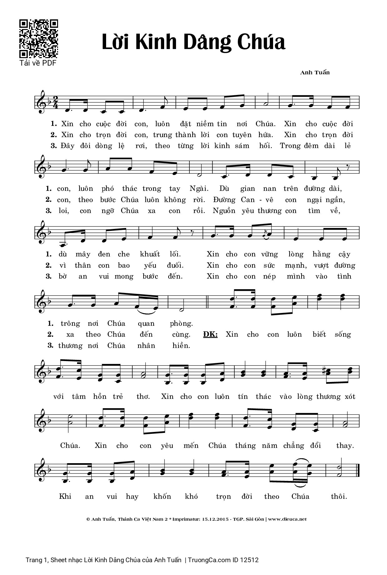 Page 1 of Sheet music PDF Lời Kinh Dâng Chúa - Anh Tuấn