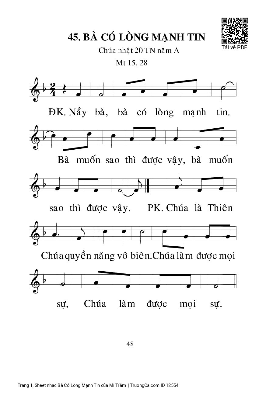 Page 1 of Sheet music PDF Bà Có Lòng Mạnh Tin - Mi Trầm