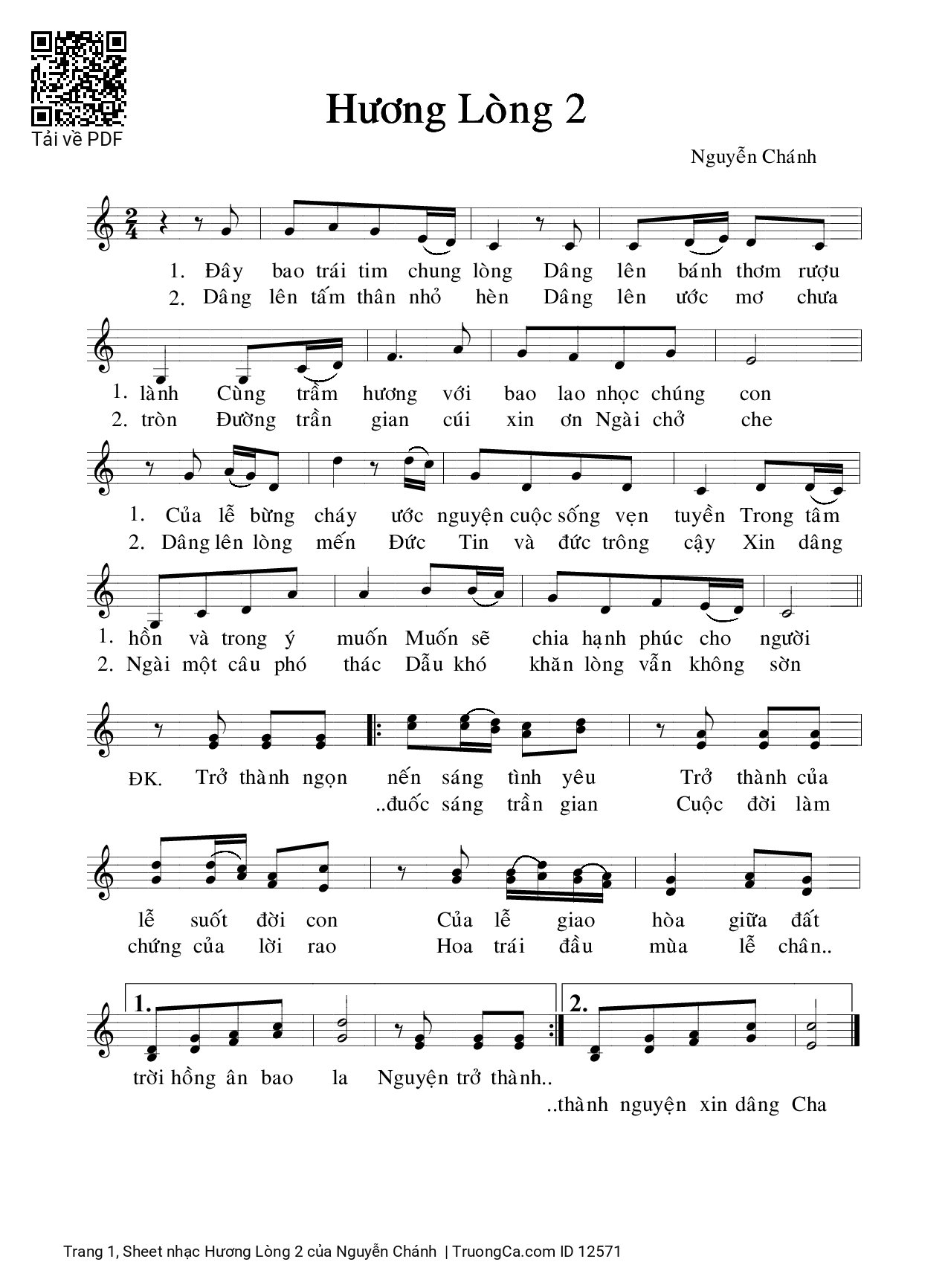 Page 1 of Sheet music PDF Hương Lòng 2 - Nguyễn Chánh