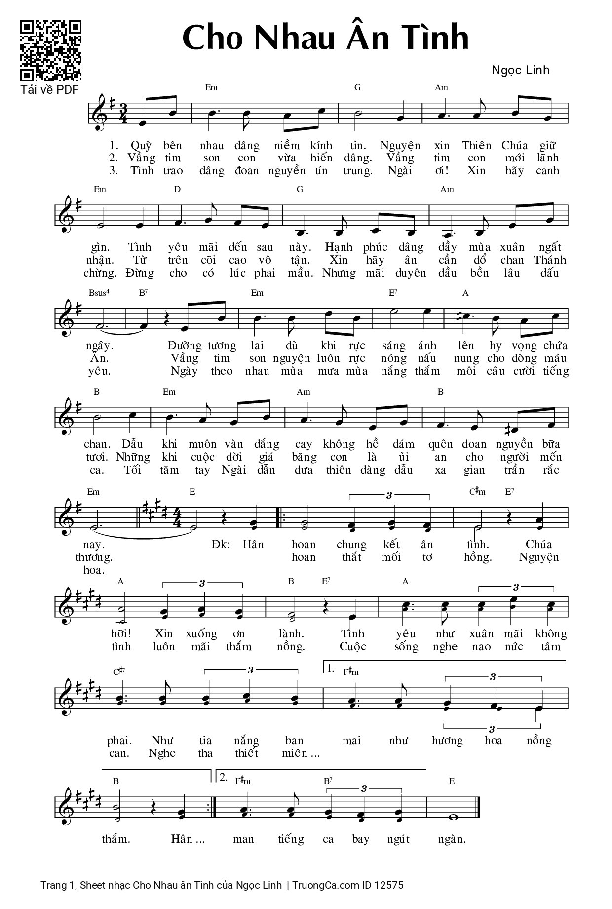 Page 1 of Sheet music PDF Cho Nhau ân Tình - Ngọc Linh