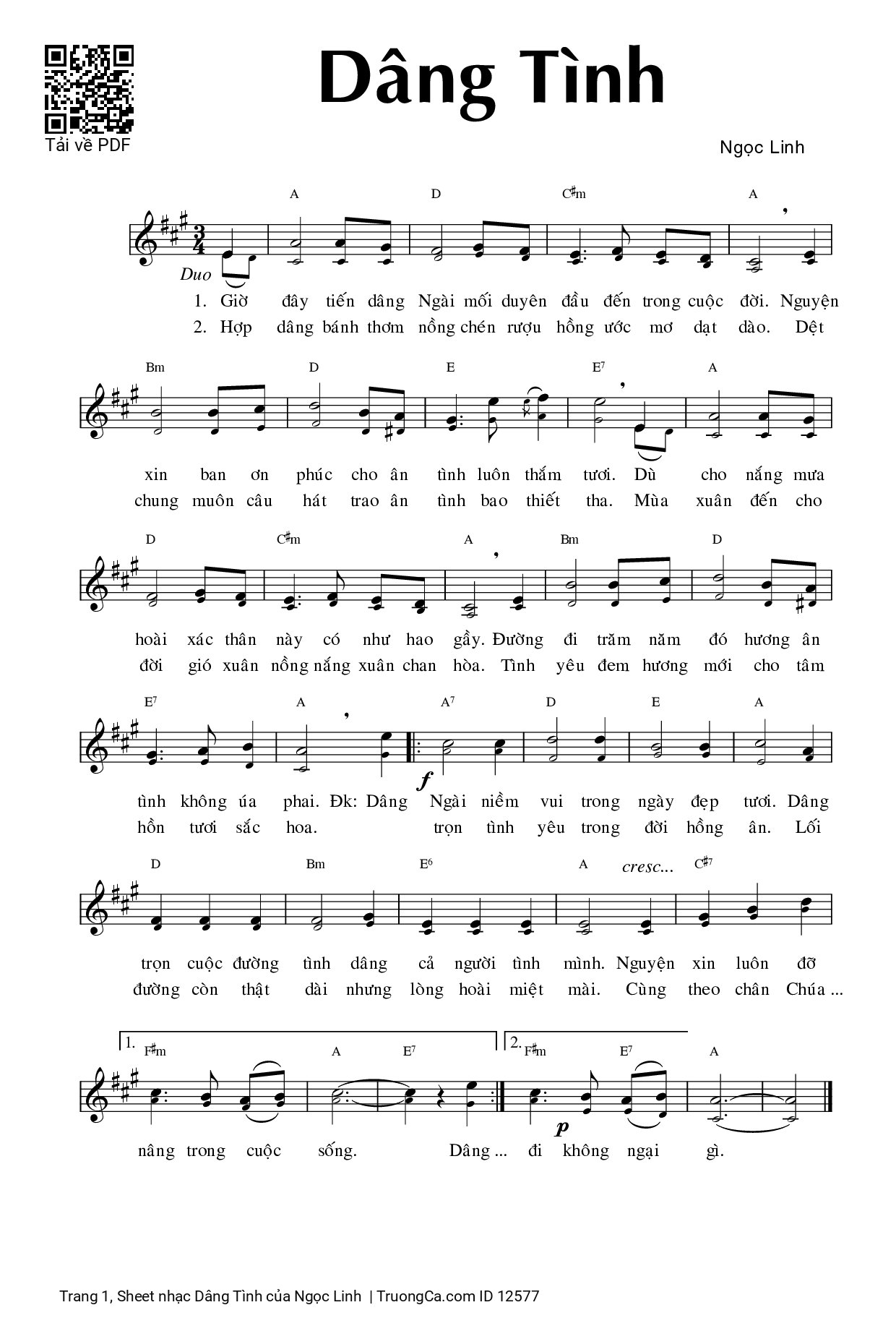 Page 1 of Sheet music PDF Dâng Tình - Ngọc Linh