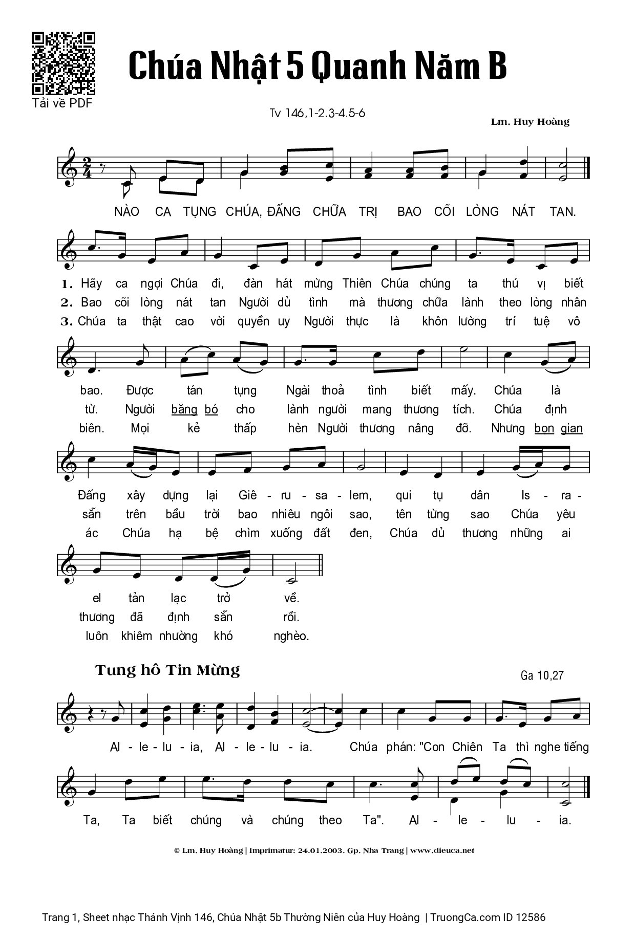 Sheet PDF of Thánh Vịnh 146, Chúa Nhật 5b Thường Niên