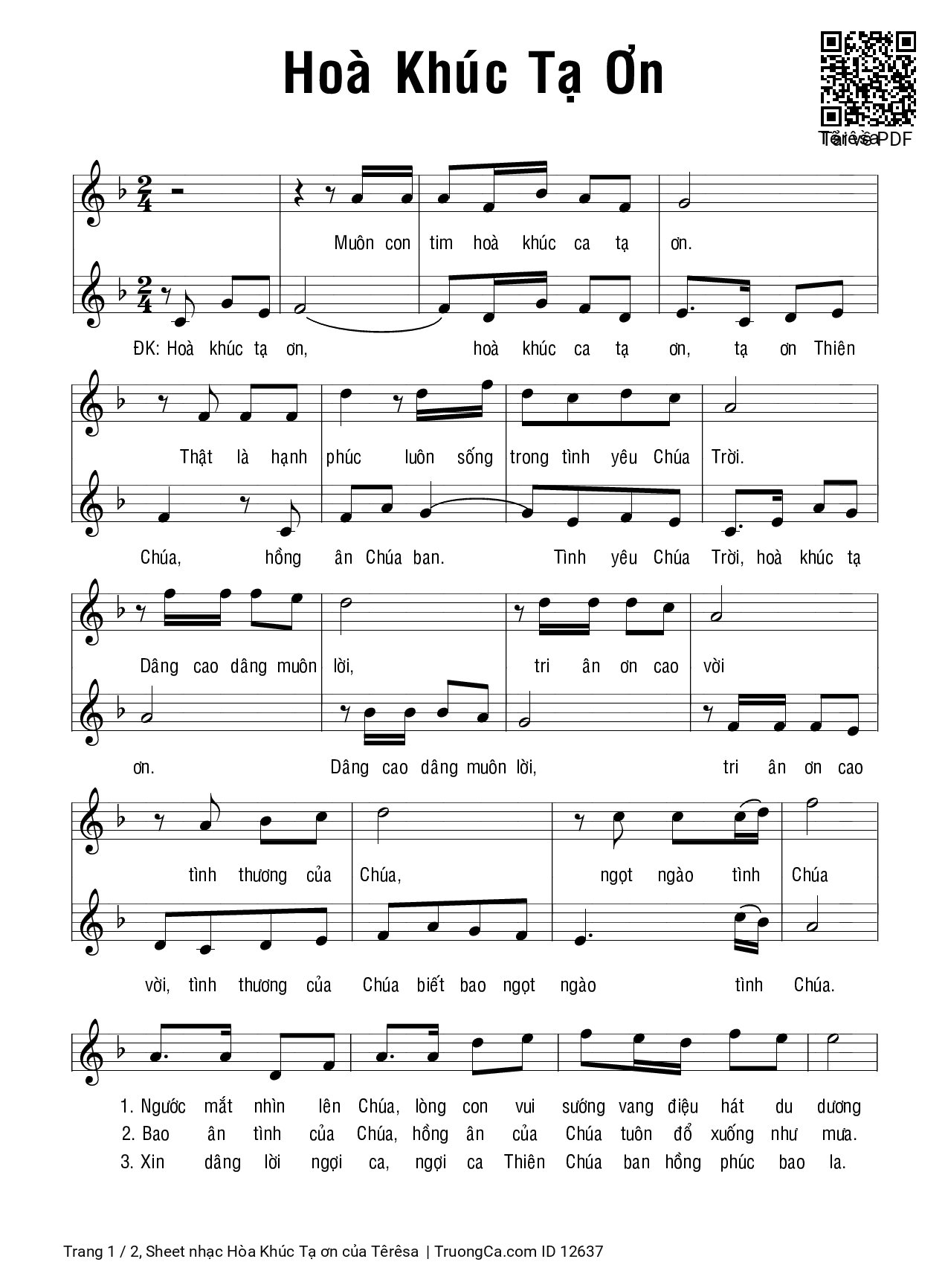 Page 1 of Sheet music PDF Hòa Khúc Tạ ơn - Têrêsa