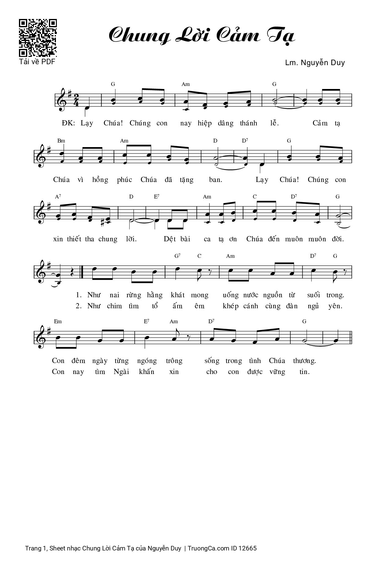 Page 1 of Sheet music PDF Chung Lời Cảm Tạ - Nguyễn Duy
