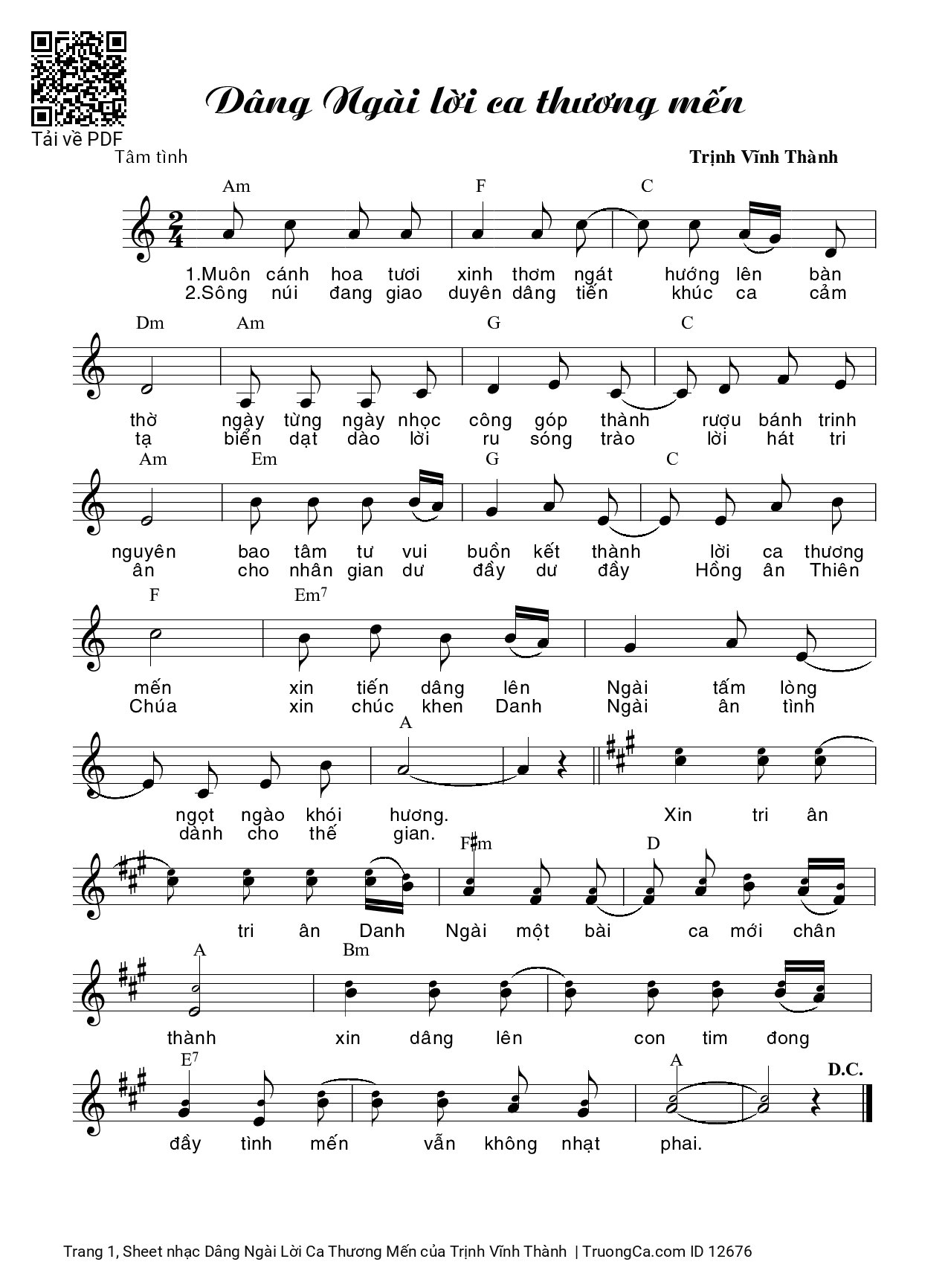 Page 1 of Sheet music PDF Dâng Ngài Lời Ca Thương Mến - Trịnh Vĩnh Thành