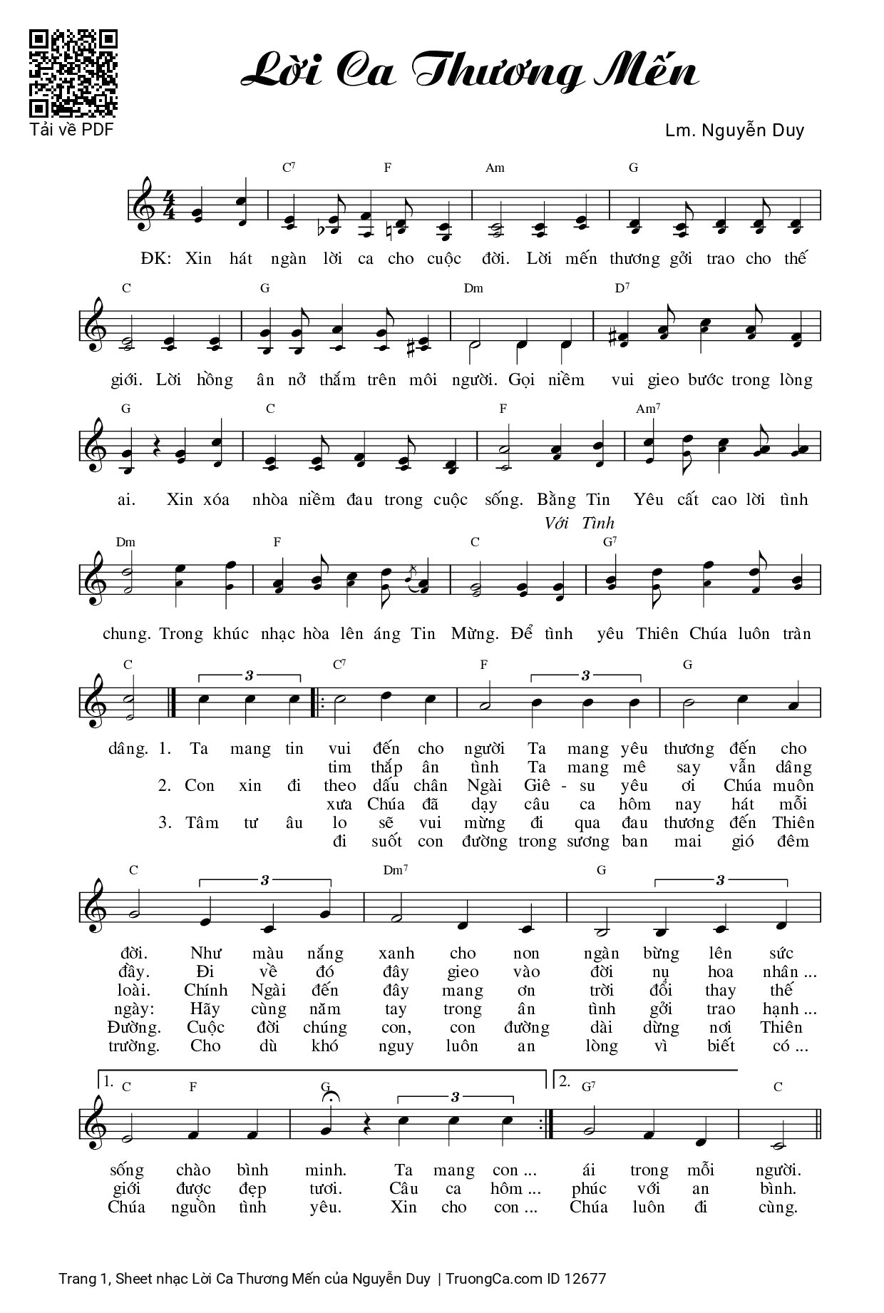 Page 1 of Sheet music PDF Lời Ca Thương Mến - Nguyễn Duy