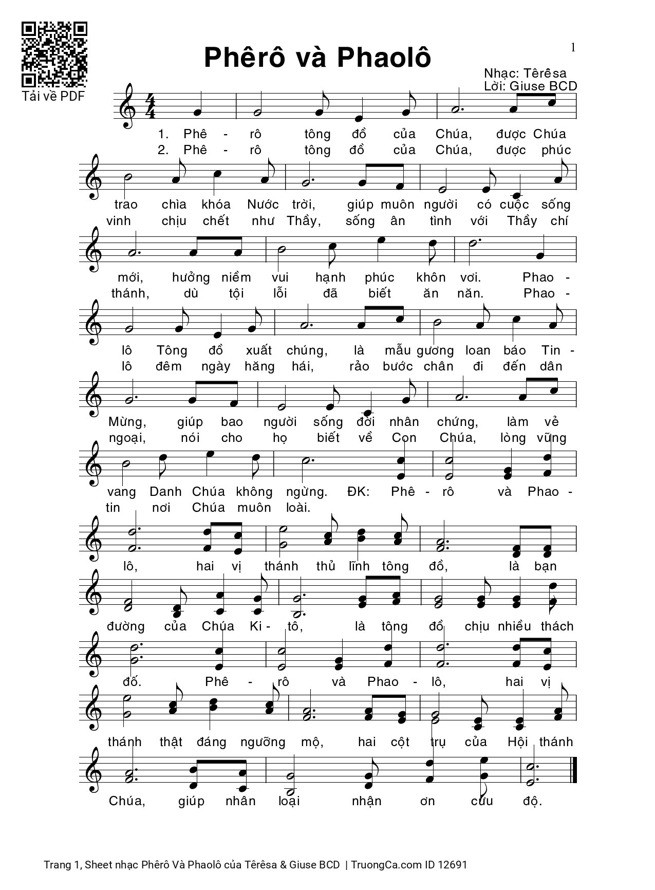 Page 1 of Sheet music PDF Phêrô Và Phaolô - Têrêsa & Giuse BCD