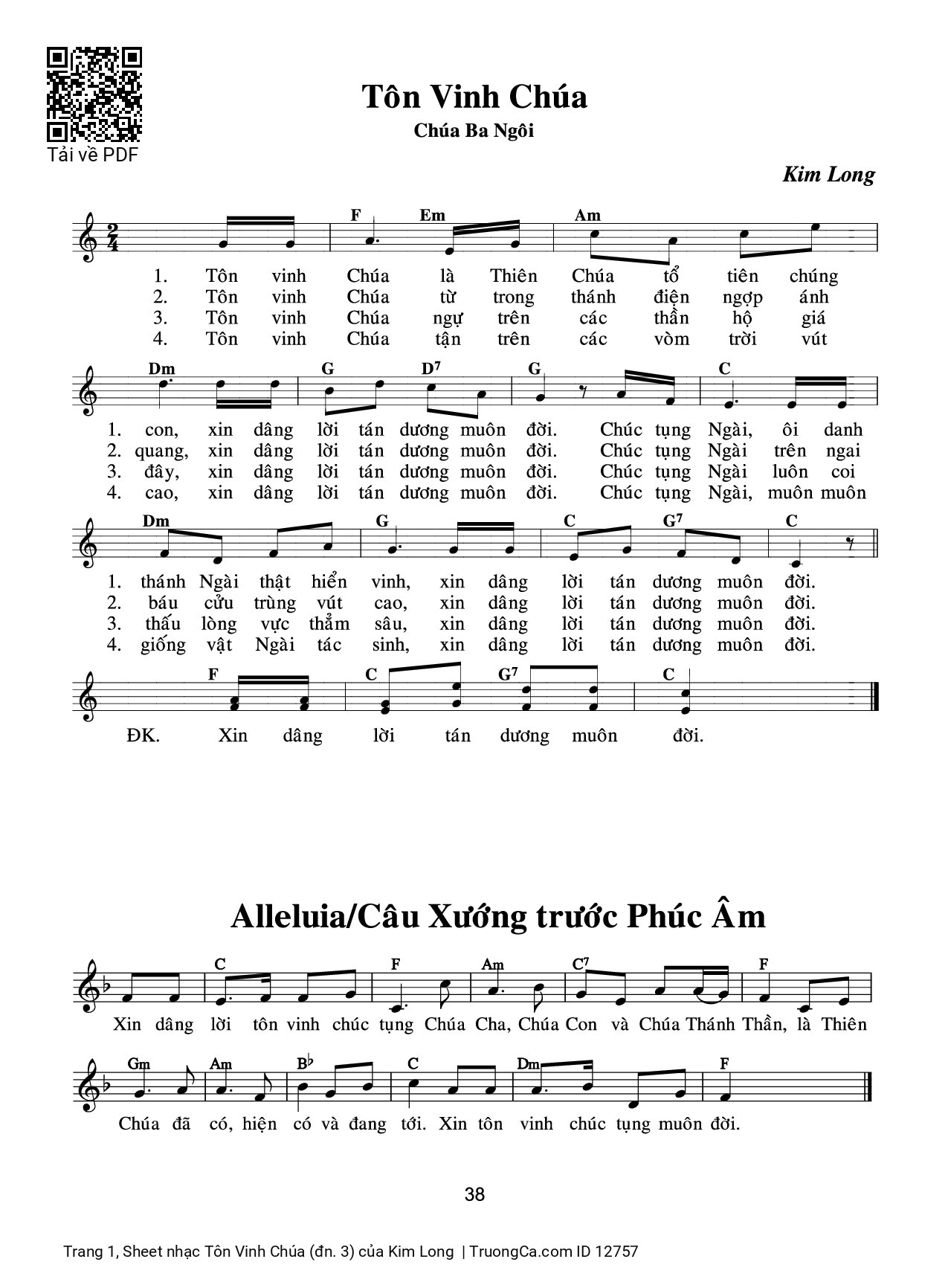 Page 1 of Sheet music PDF Tôn Vinh Chúa (đn. 3) - Kim Long