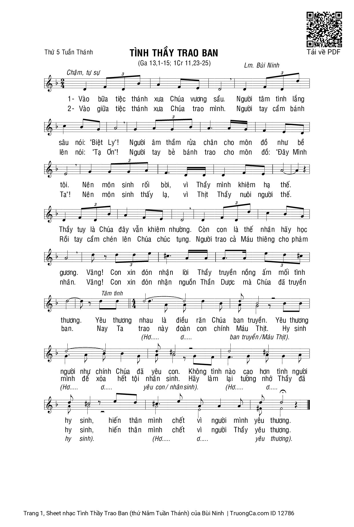 Sheet PDF of Tình Thầy Trao Ban (thứ Năm Tuần Thánh)