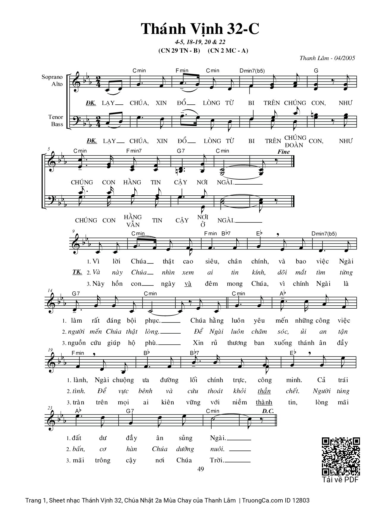 Page 1 of Sheet music PDF Thánh Vịnh 32, Chúa Nhật 2a Mùa Chay - Thanh Lâm