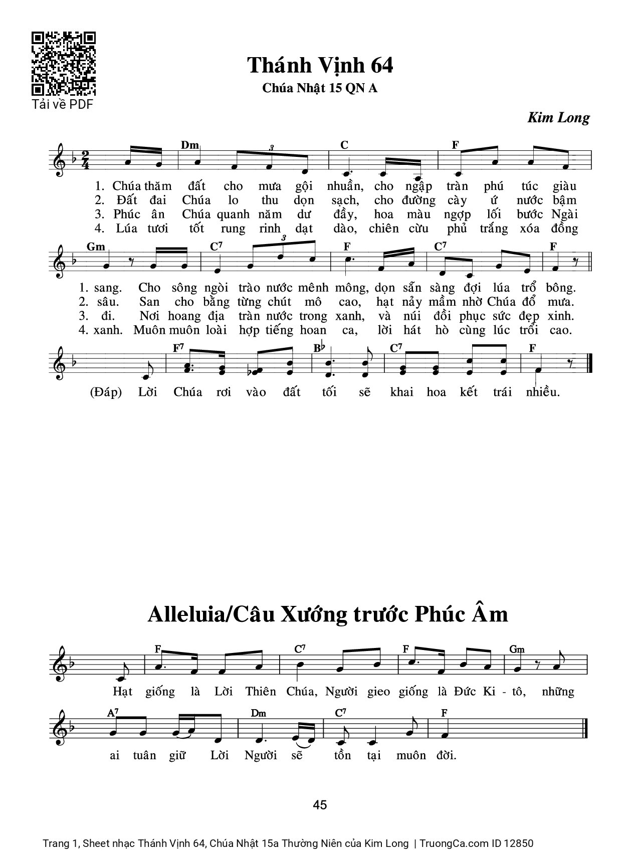 Sheet PDF of Thánh Vịnh 64, Chúa Nhật 15a Thường Niên