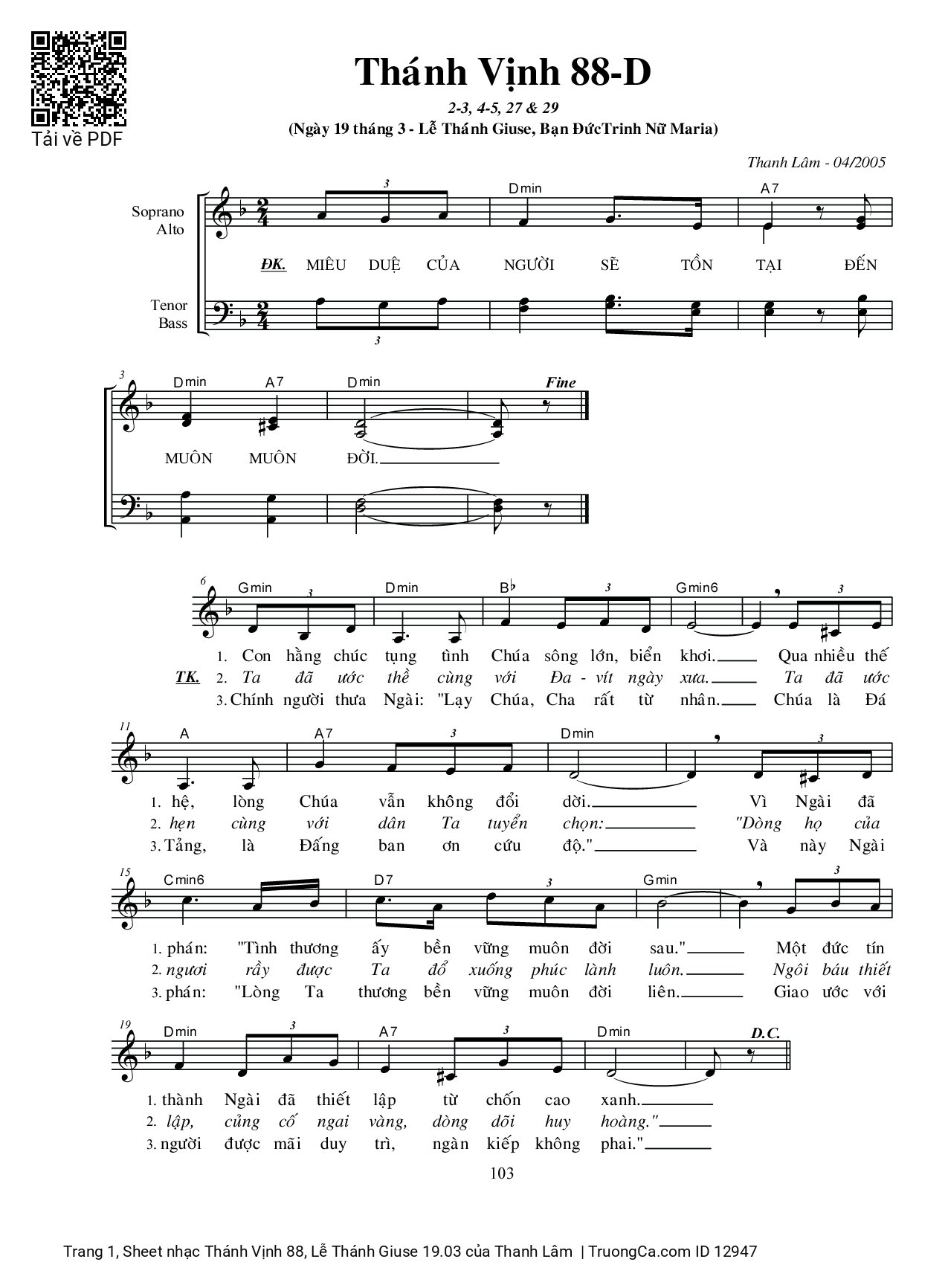 Page 1 of Sheet music PDF Thánh Vịnh 88, Lễ Thánh Giuse 19.03 - Thanh Lâm