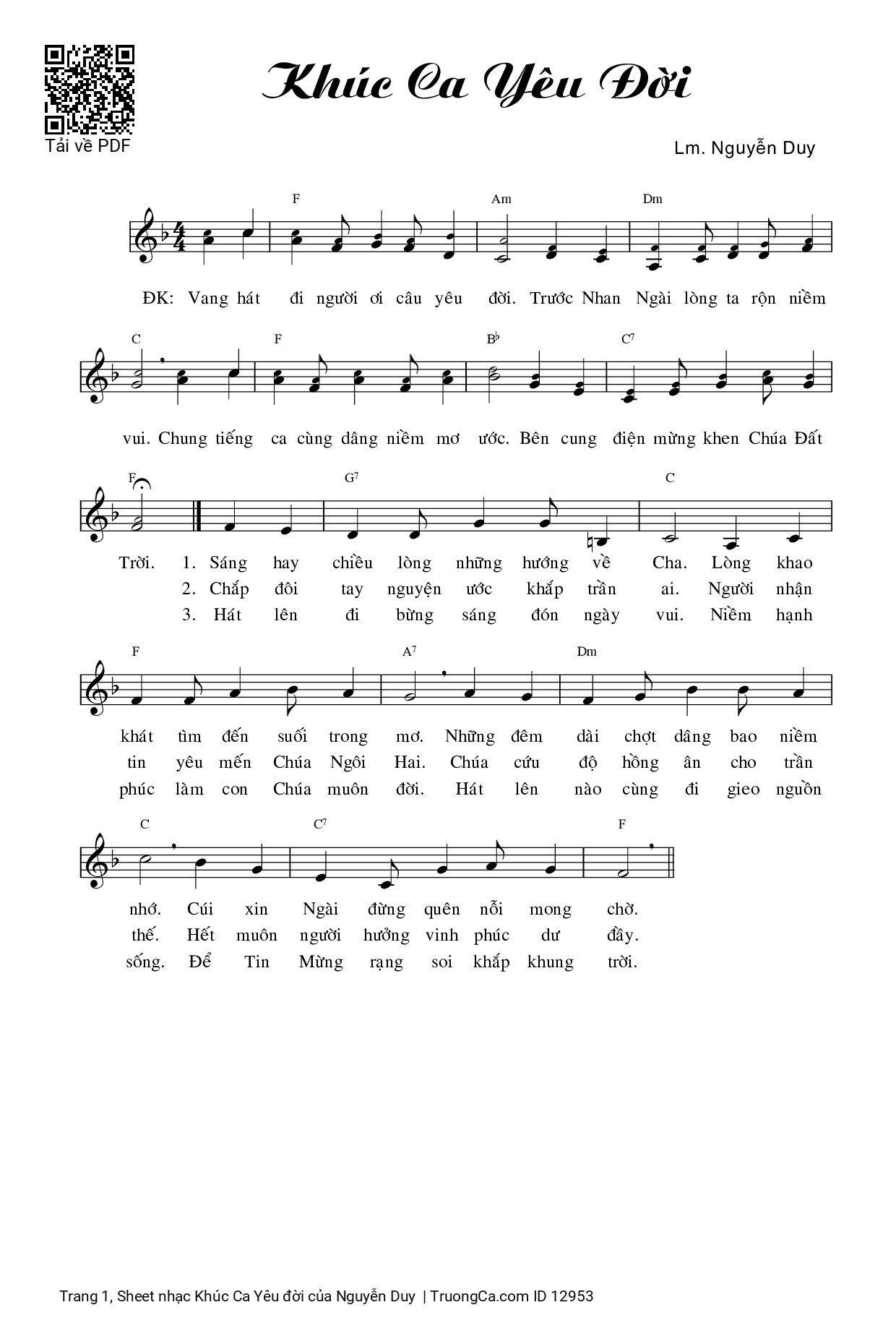 Page 1 of Sheet music PDF Khúc Ca Yêu đời - Nguyễn Duy