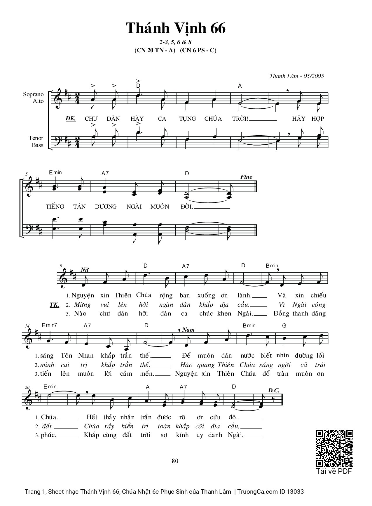 Page 1 of Sheet music PDF Thánh Vịnh 66, Chúa Nhật 6c Phục Sinh - Thanh Lâm