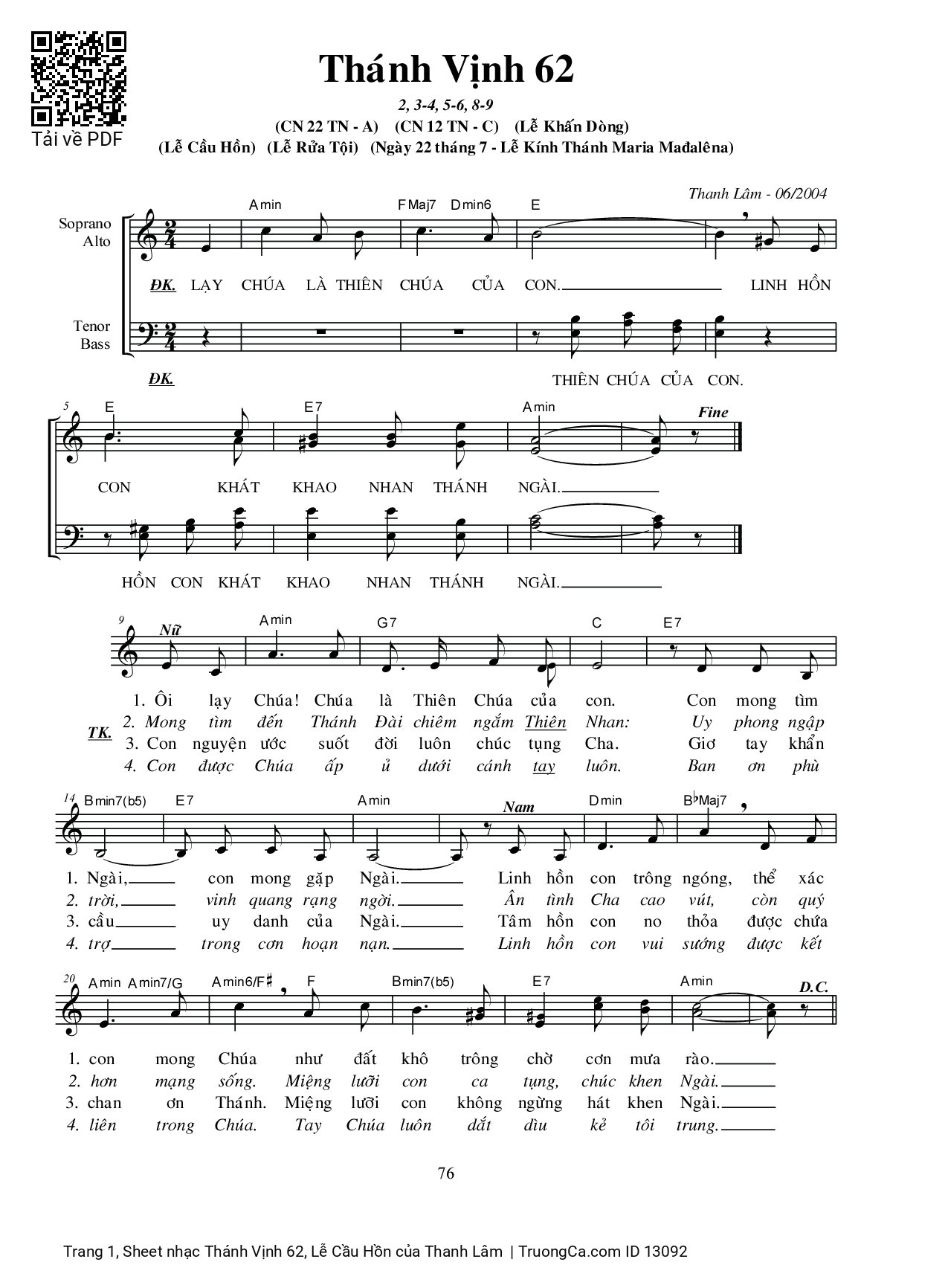 Page 1 of Sheet music PDF Thánh Vịnh 62, Lễ Cầu Hồn - Thanh Lâm