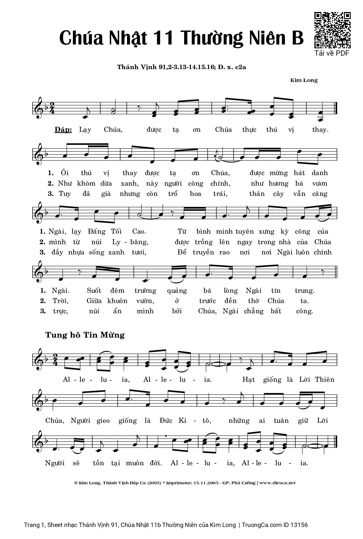 Page 1 of Sheet music PDF Thánh Vịnh 91, Chúa Nhật 11b Thường Niên - Kim Long