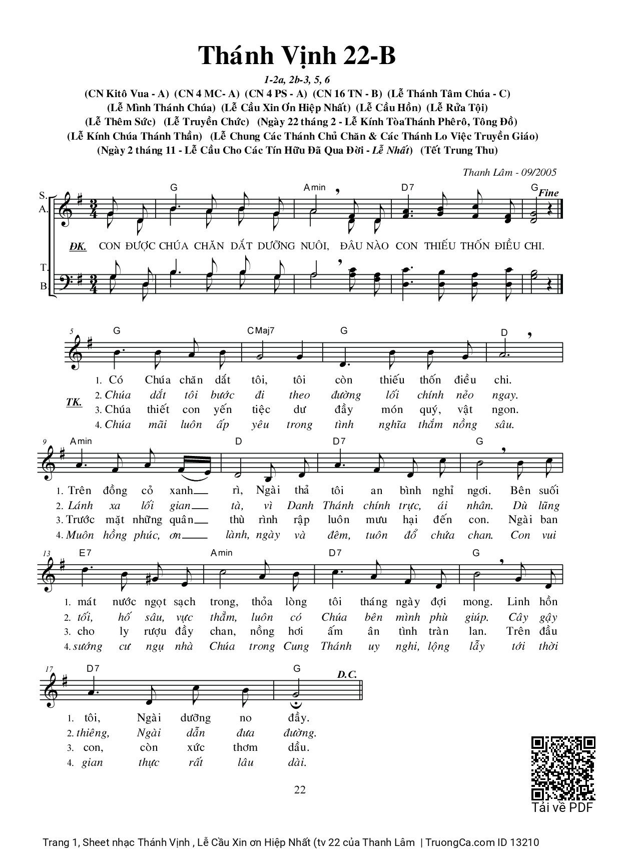 Sheet PDF of Thánh Vịnh , Lễ Cầu Xin ơn Hiệp Nhất (tv 22