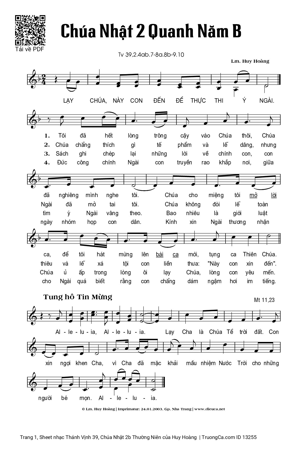 Page 1 of Sheet music PDF Thánh Vịnh 39, Chúa Nhật 2b Thường Niên - Huy Hoàng