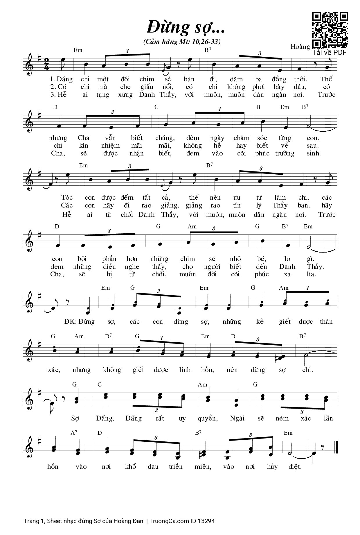 Sheet PDF of đừng Sợ - Hoàng Đan