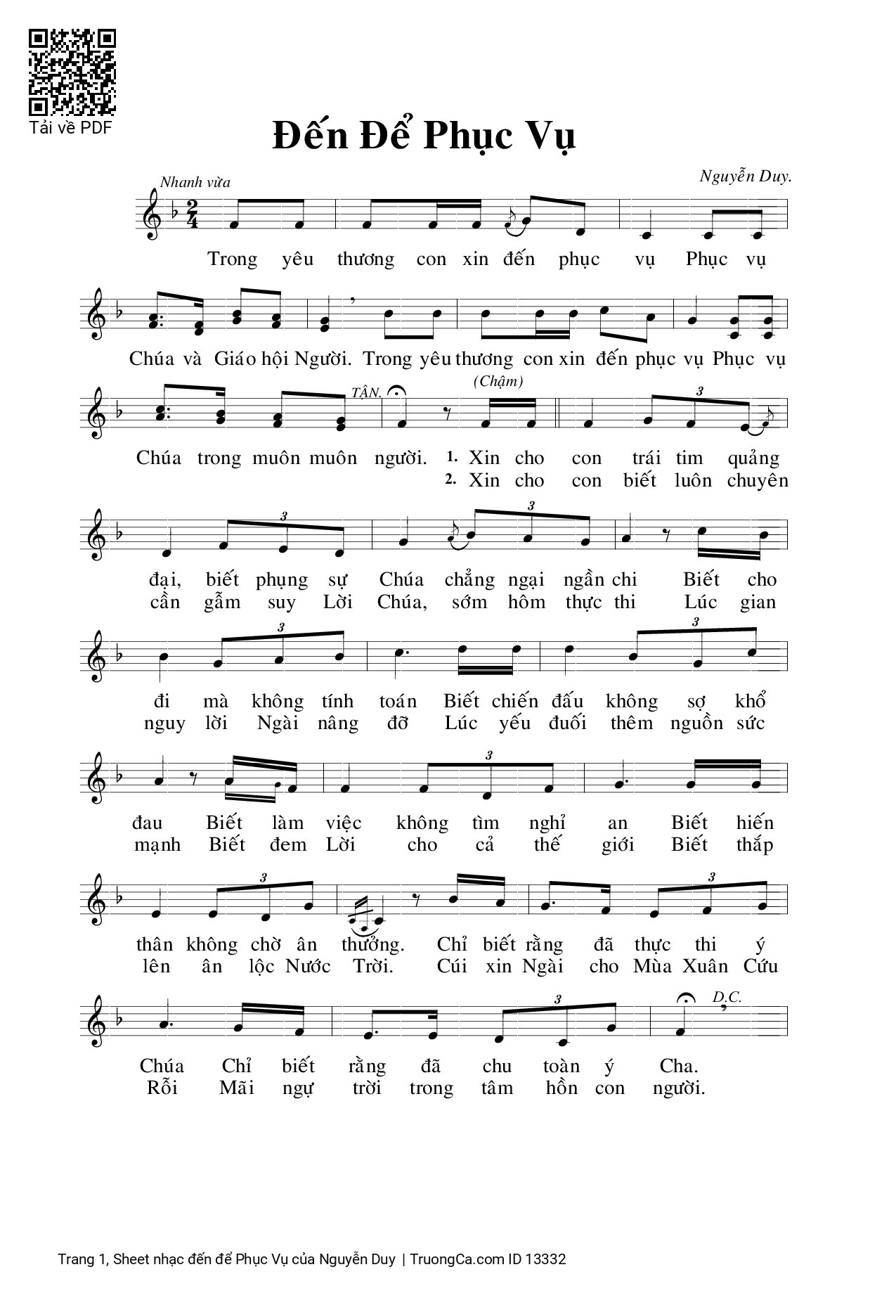 Page 1 of Sheet music PDF đến để Phục Vụ - Nguyễn Duy