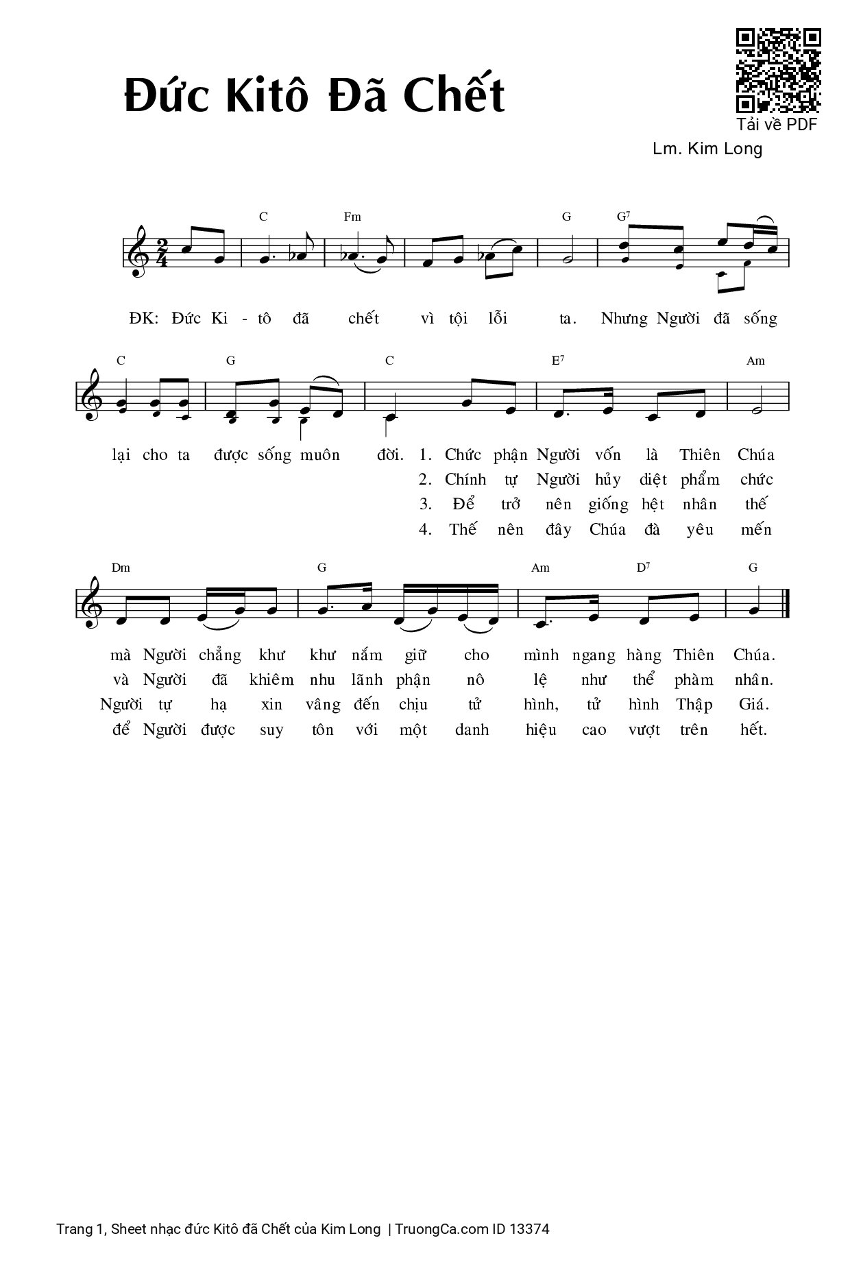 Page 1 of Sheet music PDF đức Kitô đã Chết - Kim Long